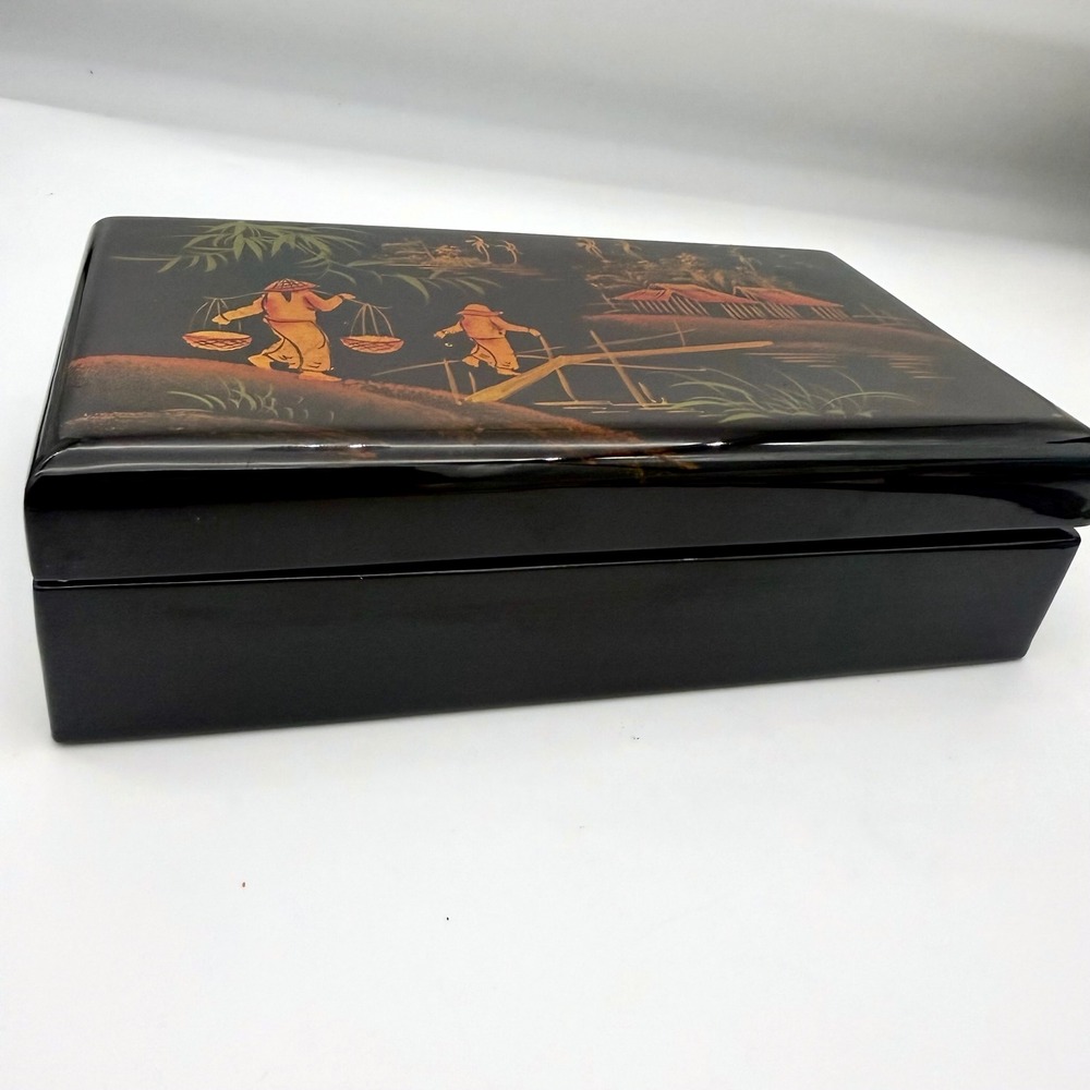 Vintage Asian Black Lacquer Jewelry Box Hand Painted Red Velvet Mirror 7.5" - Picture 9 of 13
